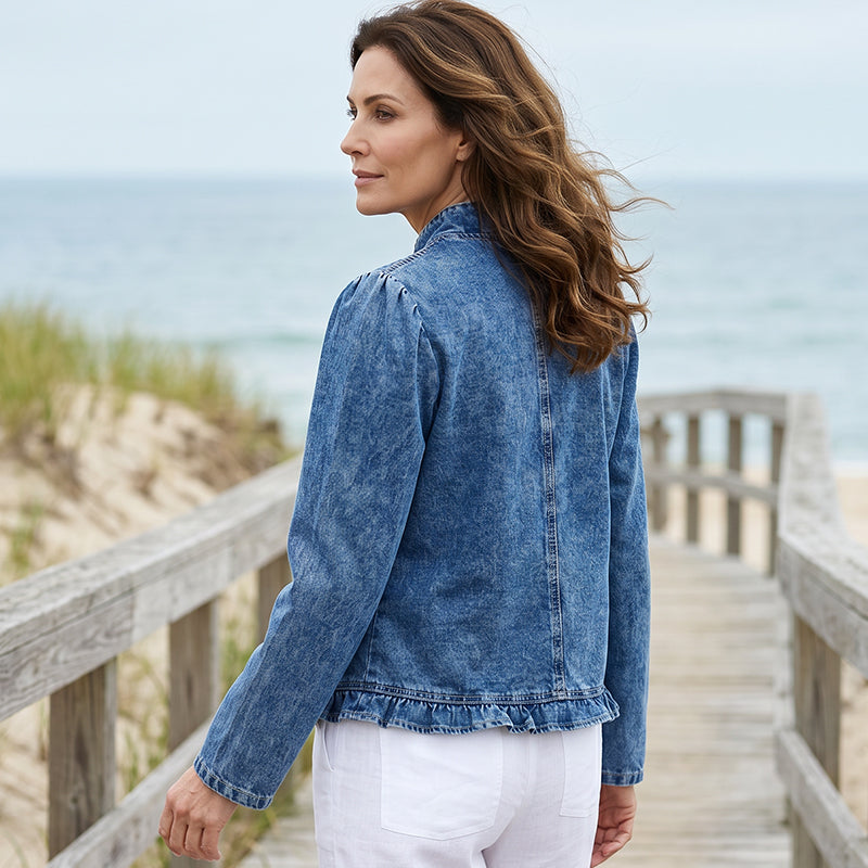 Dam Volangjacka i Denim – Öppen Framsida & Snygg Stil