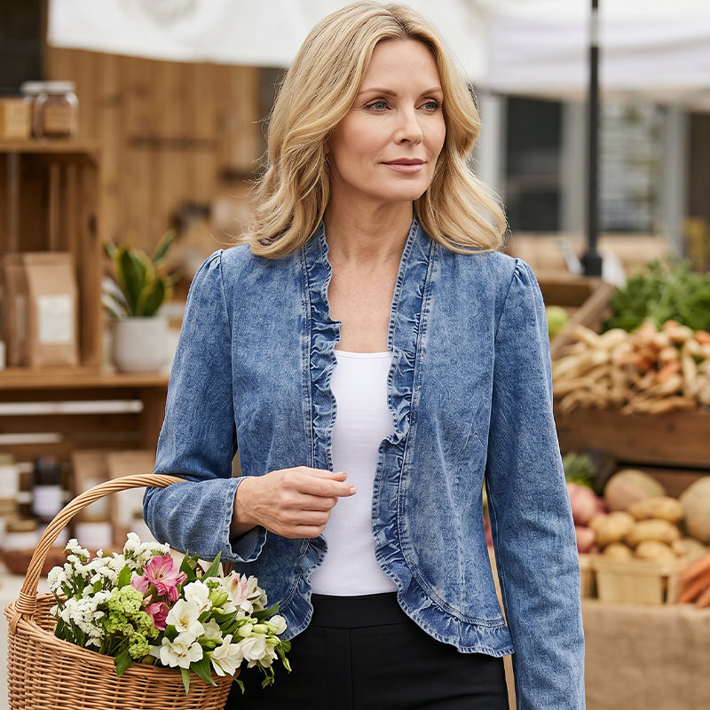 Dam Volangjacka i Denim – Öppen Framsida & Snygg Stil