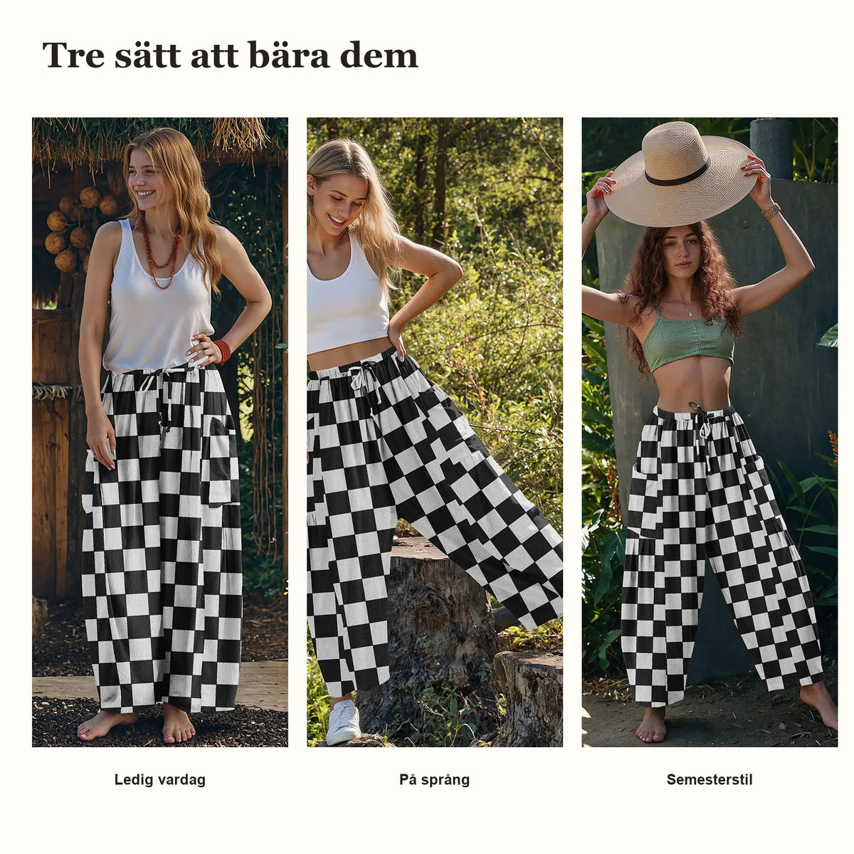 Rutiga vida byxor i rayon- och linneblandning