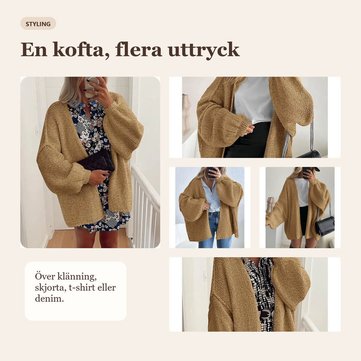 Oversized stickad kofta med volymärmar