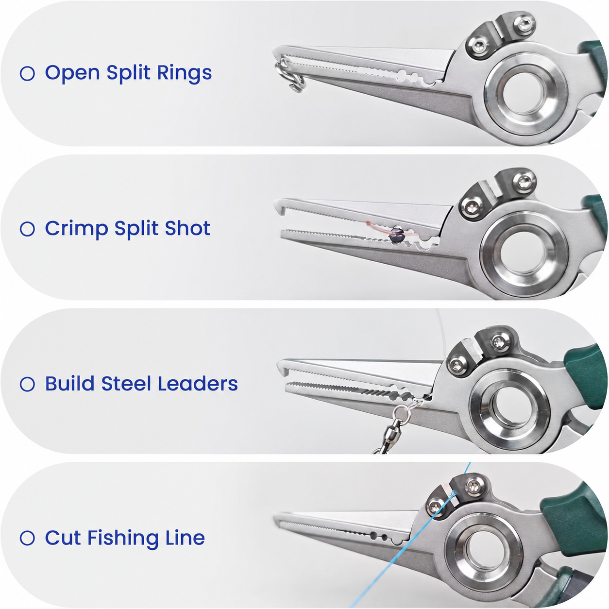 Four illustrated fishing plier uses: split rings, split shot, steel leaders and fishing line