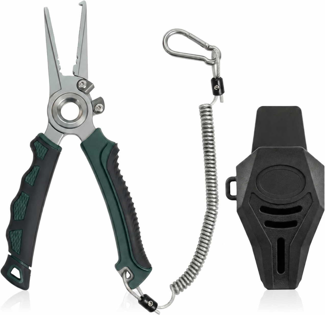 Fishing pliers with holster, coiled lanyard and carabiner