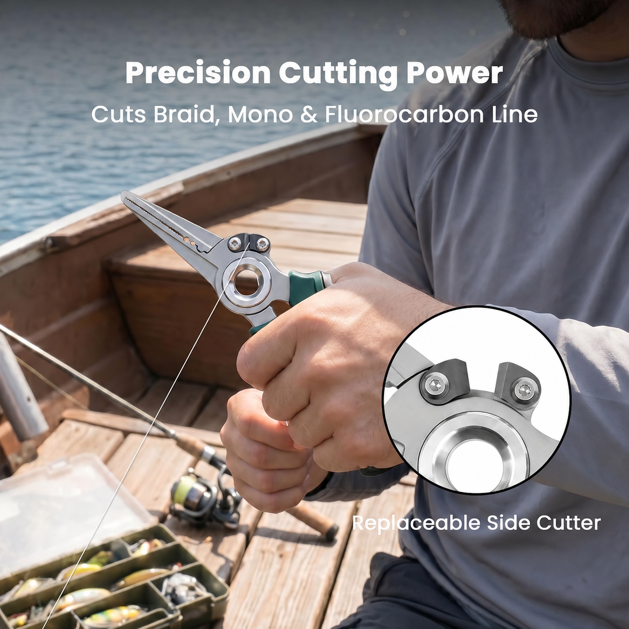 Angler cutting fishing line with side cutter on pliers