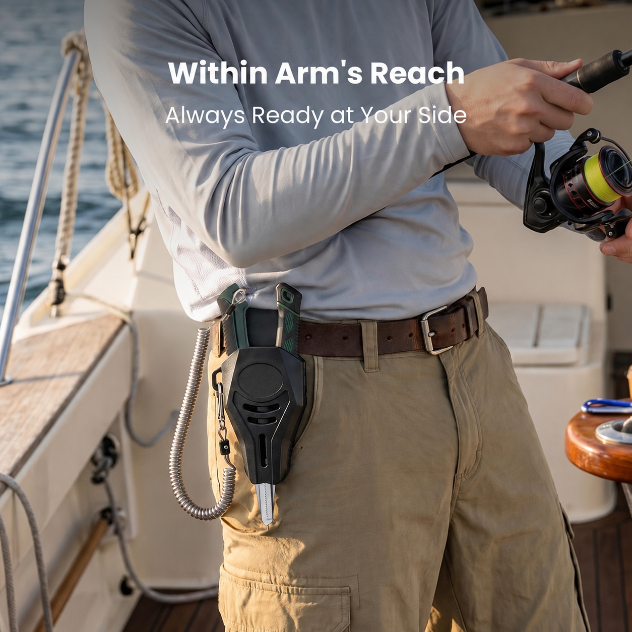 Fishing pliers secured in a belt holster aboard a boat