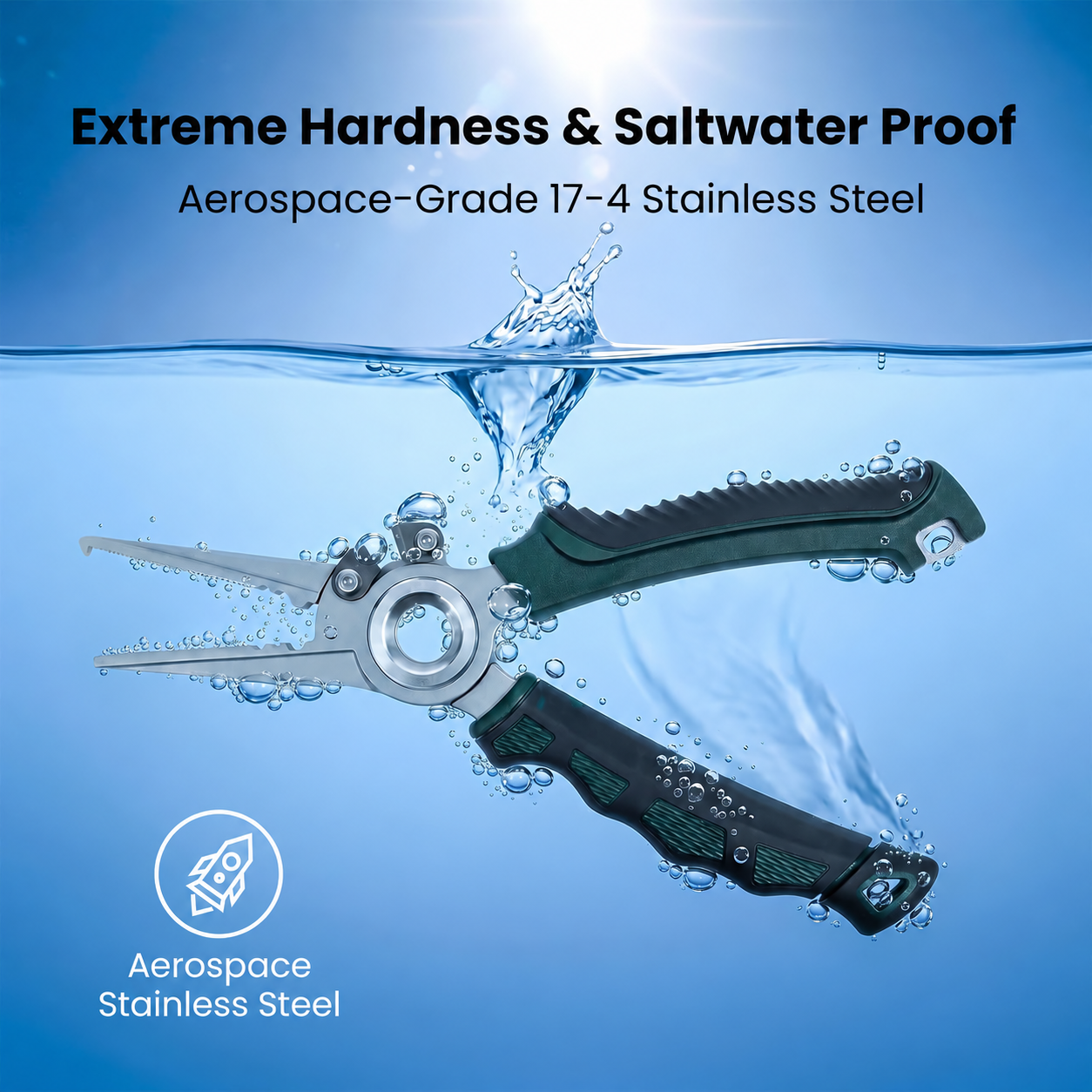 Fishing pliers shown in a water-themed product image