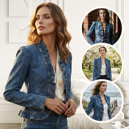 Dam Volangjacka i Denim – Öppen Framsida & Snygg Stil