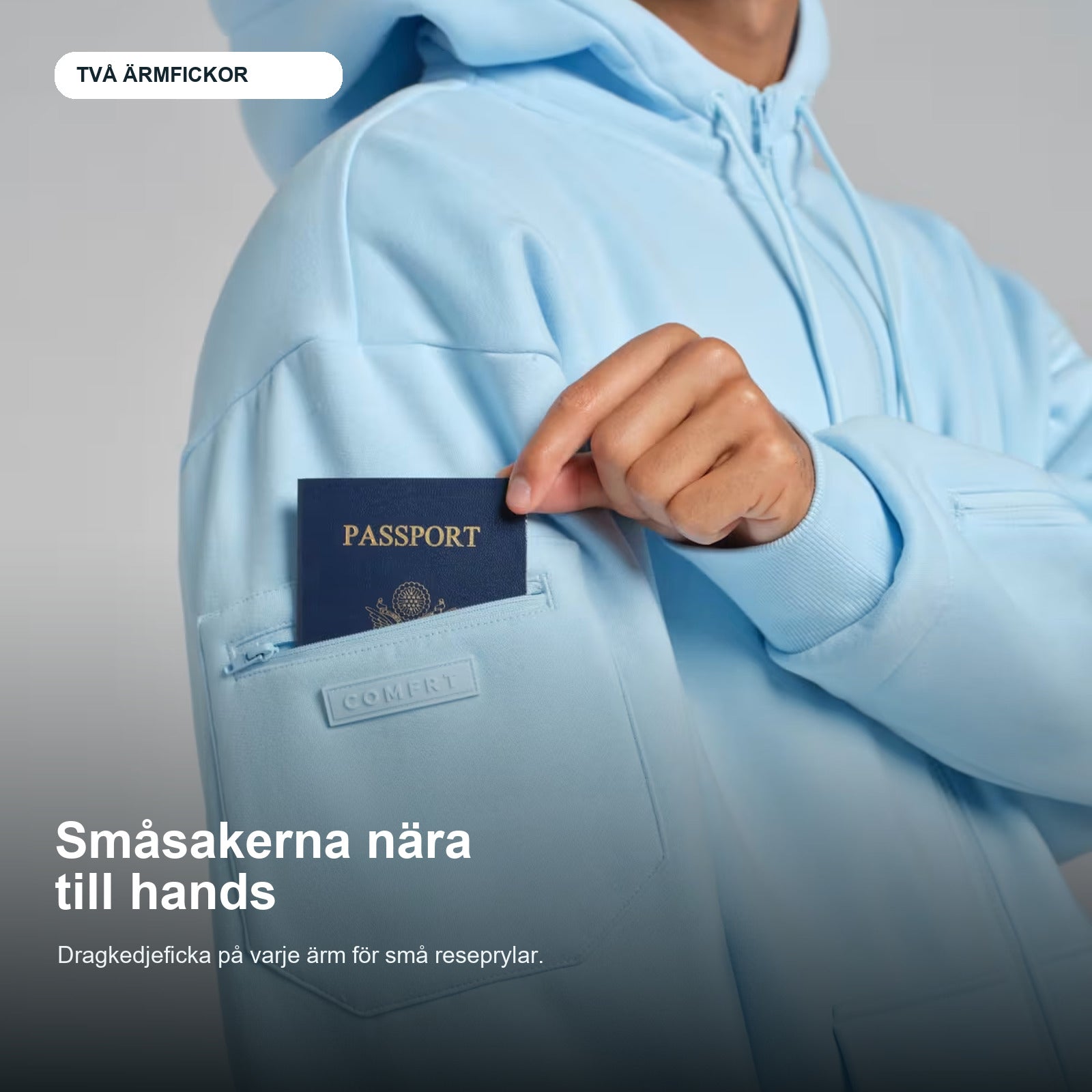 Detalj av hoodiens dragkedjeficka på ärmen